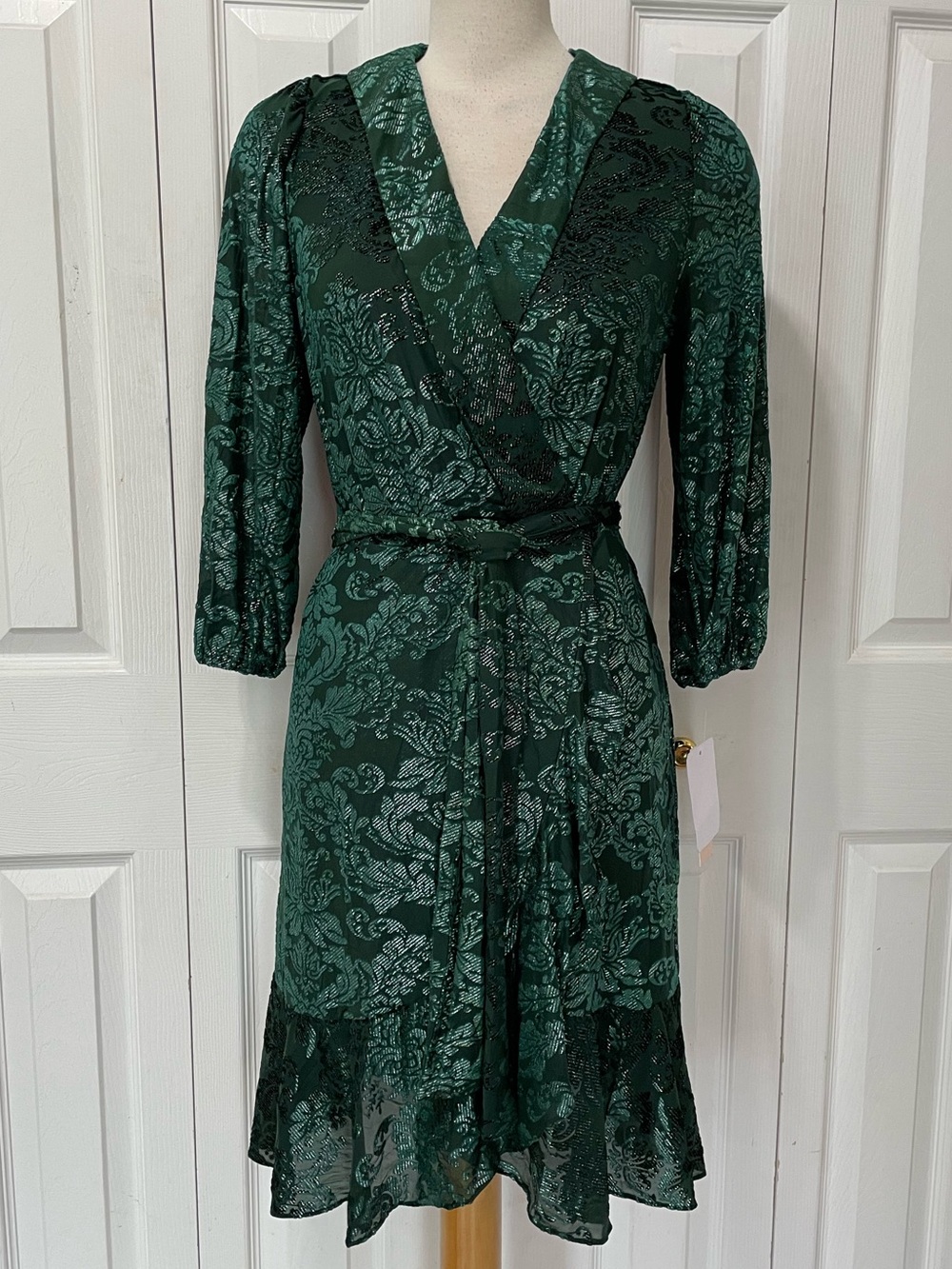 Nanette Lepore Forest Green Velvet Floral Faux Wrap Midi Dress